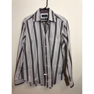 Bugatchi Shirt Mens Sz Medium Purple Striped Flip Cuff Long Sleeve Button Up